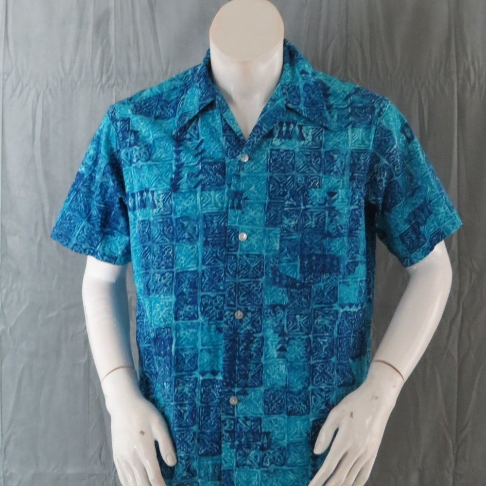 Vintage Hawaiian Aloha Shirt - Square Tribal Pattern Made in Hawaii - Men's Med